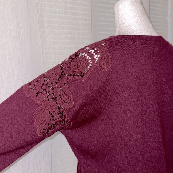 Ted Baker 3 M Tae Burgundy Scoop Neck Merino Wool Shoulder Lace Knit Sweater - Picture 7 of 15
